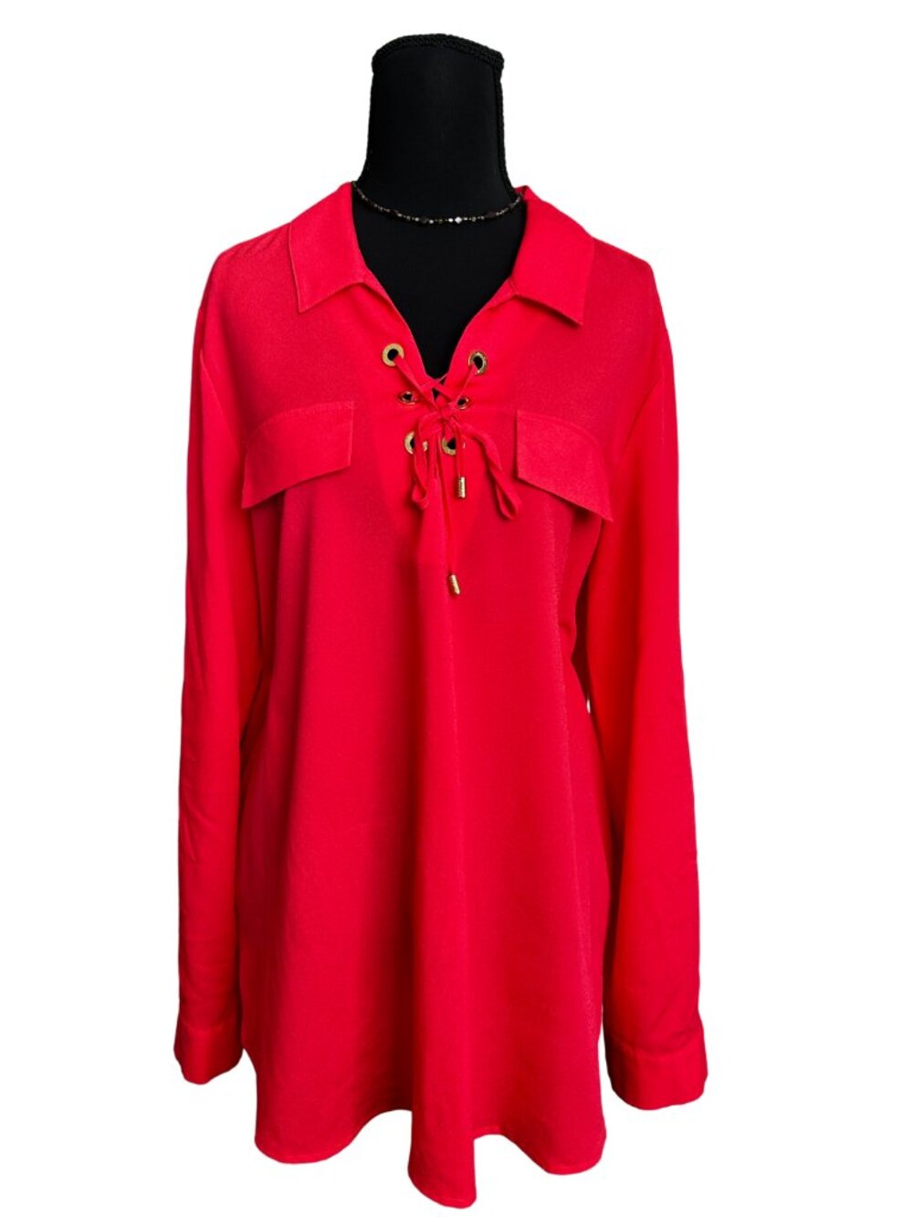 Calvin Klein Vibrant Red Blouse with Lace-Up Detail